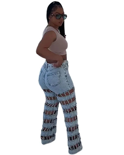 High Waist Hollow Out Denim Pants - Chic & Trendy Style