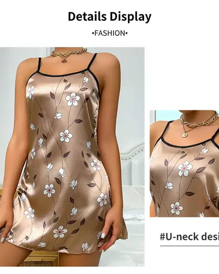 Women's Sleepdress Satin Floral Print Nightdress Comfortable Spaghetti Strap Sleepwear Dress Luxurious Satin Slip Nightdress