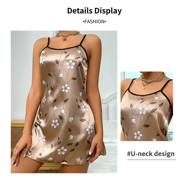Women's Sleepdress Satin Floral Print Nightdress Comfortable Spaghetti Strap Sleepwear Dress Luxurious Satin Slip Nightdress