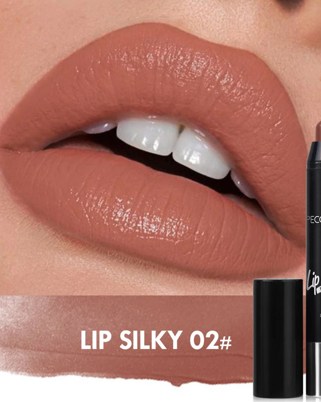 Lipstick with 'Lip Silky 02#' shade applied to lips and product packaging.