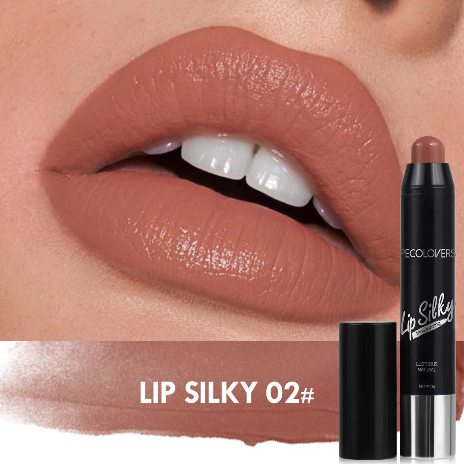 Lipstick with 'Lip Silky 02#' shade applied to lips and product packaging.