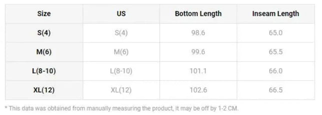Table displaying size chart for bottom and inseam lengths in centimeters