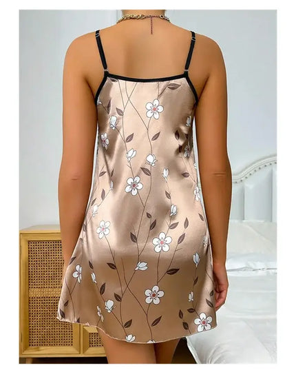 Women's Sleepdress Satin Floral Print Nightdress Comfortable Spaghetti Strap Sleepwear Dress Luxurious Satin Slip Nightdress