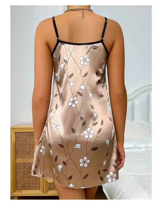 Women's Sleepdress Satin Floral Print Nightdress Comfortable Spaghetti Strap Sleepwear Dress Luxurious Satin Slip Nightdress