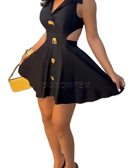 Woman wearing a black dress with yellow buttons holding a yellow handbag against a neutral background.