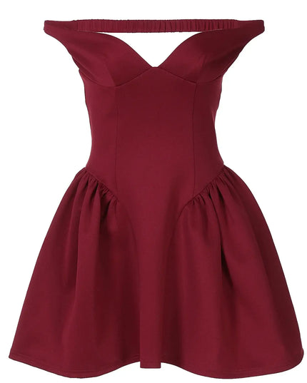 Elegant off shoulder mini dress party in burgundy color with A-Line silhouette and draped V neck design.