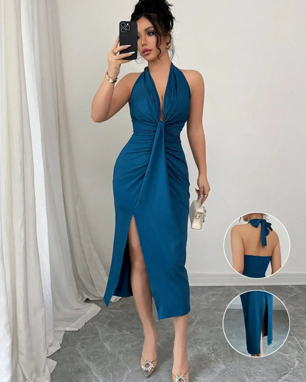 Elegant Blue Halter Neck Dress For Women.