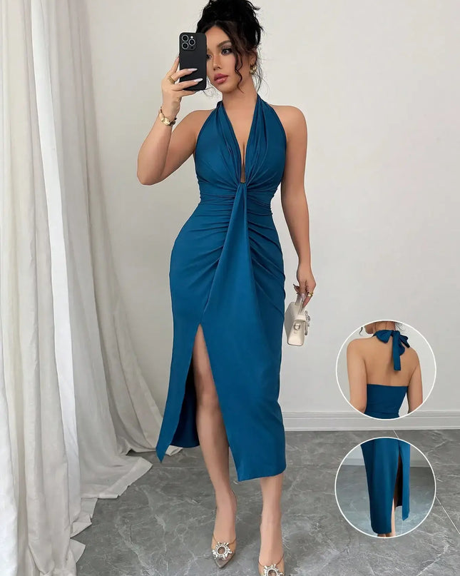 Elegant Blue Halter Neck Dress For Women.