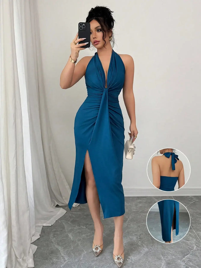 Elegant Blue Halter Neck Dress For Women.
