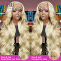 Blonde wig on a mannequin head with visible lace front and hair ends, branded 'Pretty Mama'.