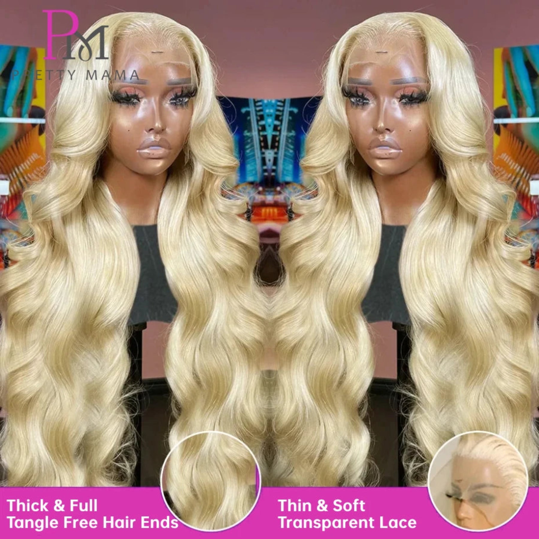 Blonde wig on a mannequin head with visible lace front and hair ends, branded 'Pretty Mama'.