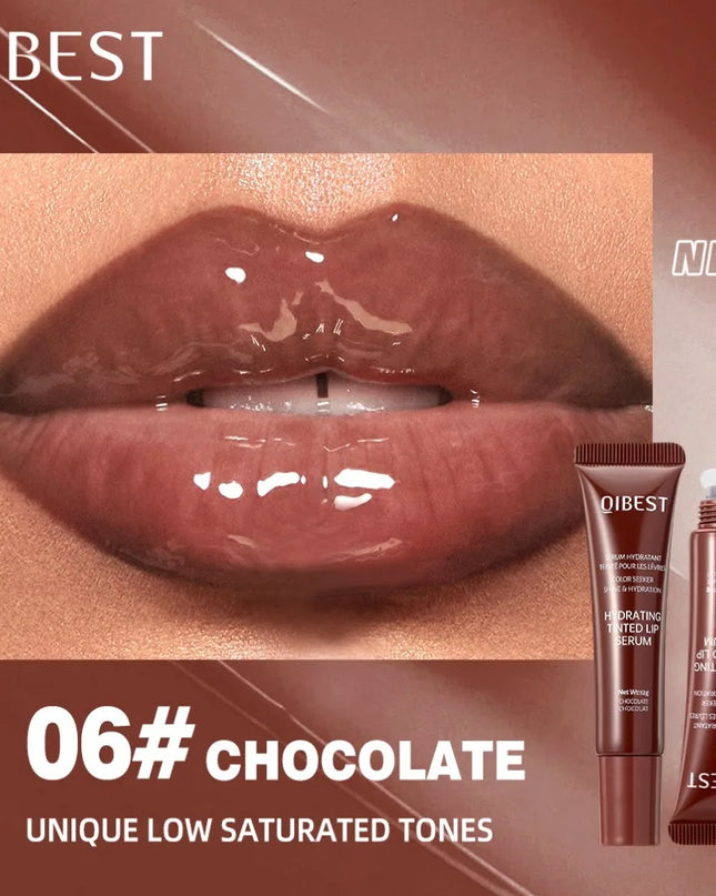 Lipstick with a close-up of lips wearing it, featuring the brand 'QIBEST'.