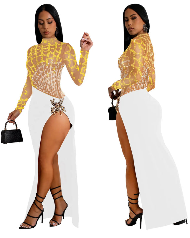 2024 Autumn Women's Hot Diamond Sexy Cutout Long-sleeved Slit Party Dress Birthday Dress for Women Sexy Dress