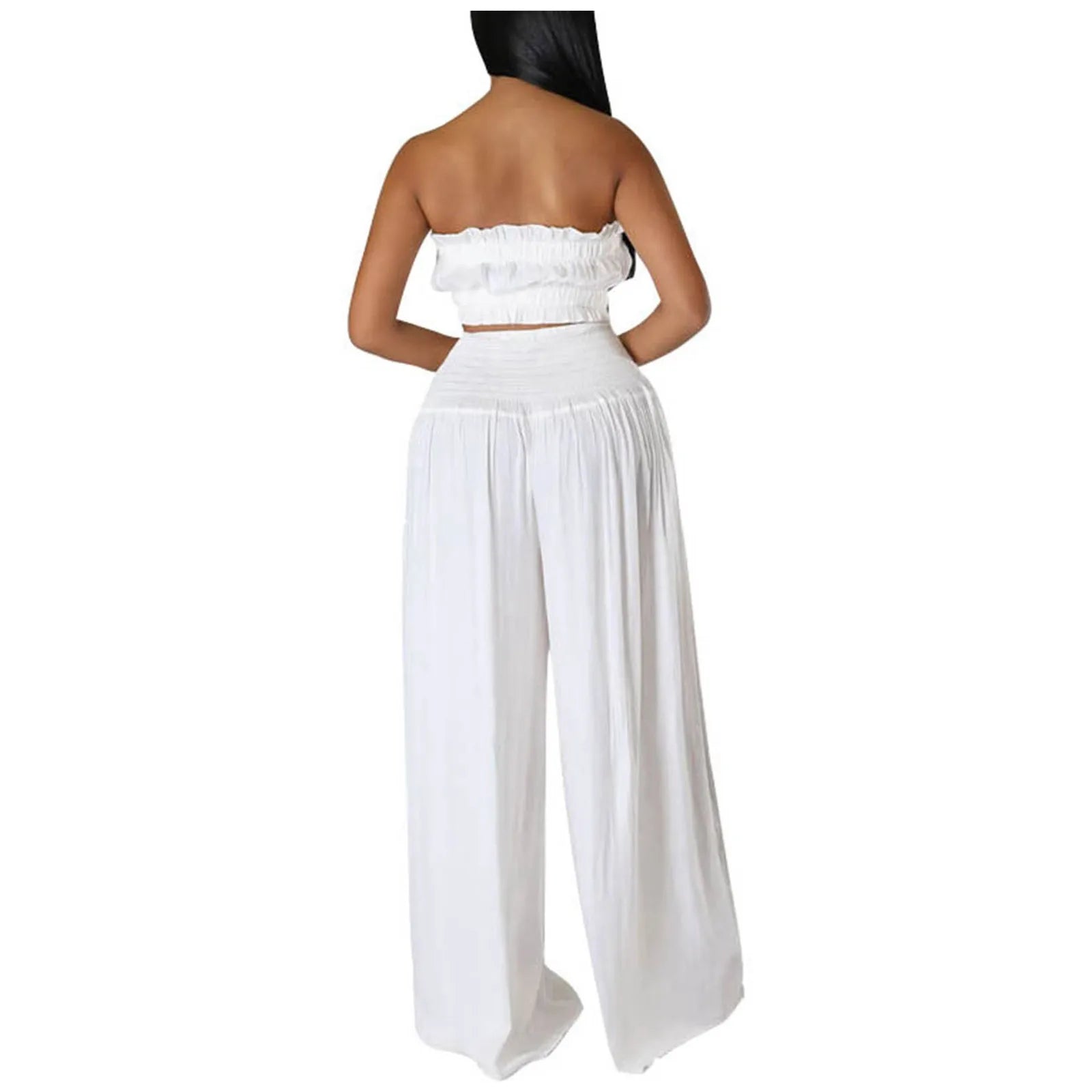 Back view of a stylish women's solid white strapless two-piece pantsuit, showcasing relaxed wide-leg pants.