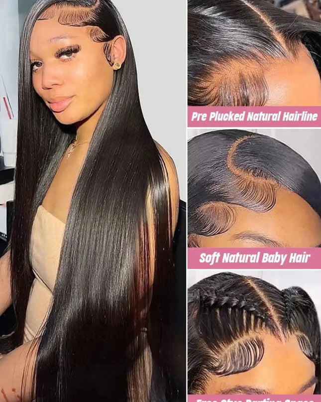 Woman with long straight hair and close-up details of hairline and parting space.