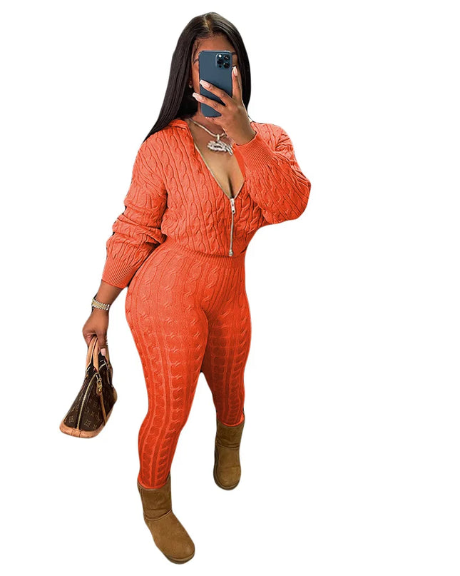 Women's Knit Hooded Sweater and Pants 2-Piece Set | Fall Winter Loungewear Outfit