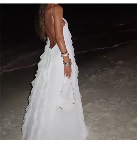 2025 Summer Strapless Satin Backless Pleated Long Dress