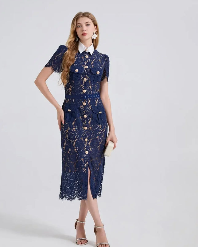 Elegant Lace Color Block Bodycon Dress with 3D Pockets