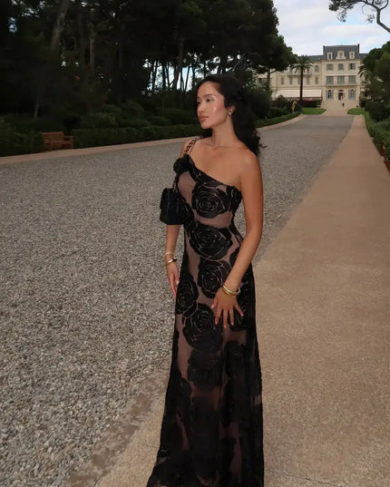 Oligai one shoulder elegant dress featuring a sexy mesh design and floral patterns, ideal for special occasions.