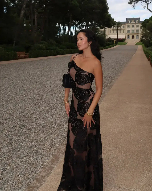 Oligai one shoulder elegant dress featuring a sexy mesh design and floral patterns, ideal for special occasions.