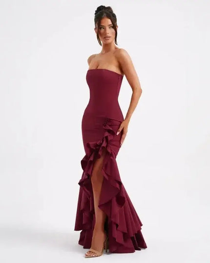 European and American women's sexy strapless summer dress with irregular ruffles in burgundy.