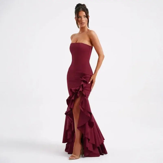 European and American women's sexy strapless summer dress with irregular ruffles in burgundy.