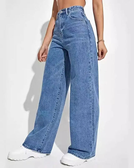 Women’s Y2K high-waist baggy jeans in retro blue, featuring a loose straight-leg silhouette and casual style.