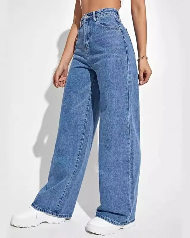 Women’s Y2K high-waist baggy jeans in retro blue, featuring a loose straight-leg silhouette and casual style.