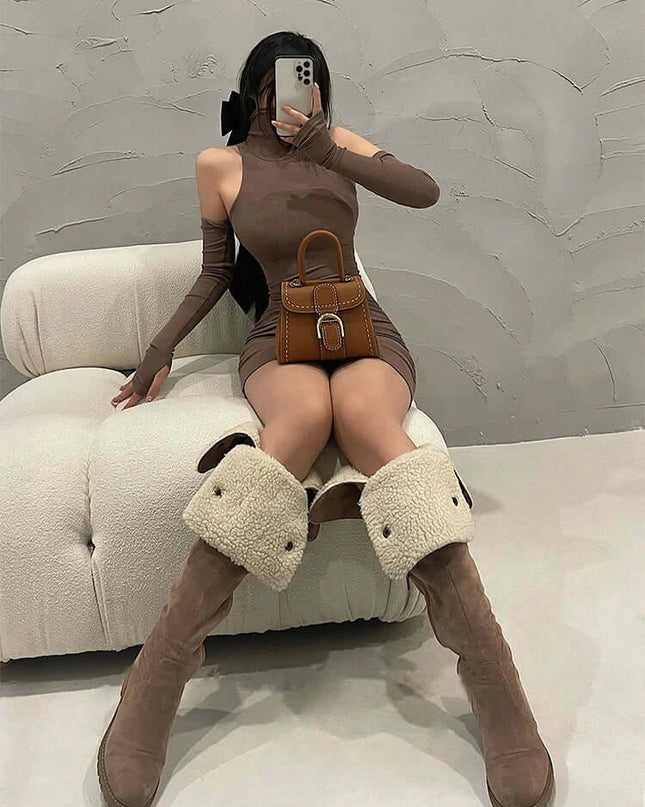 Summer High Neck Bodycon Dress | Oversleeve Tight Fit Wrapped Hip Dres