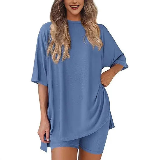 Women's Casual Loose Solid Color Short Sleeve Shorts Set with Pockets | Two Piece Loungewear Outfit 2025