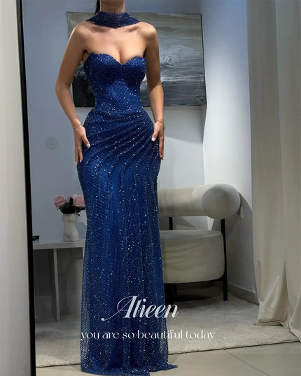 Aileen women's prom dress 2025 dark blue luxury evening dress with elegant off-shoulder design and sparkling details.