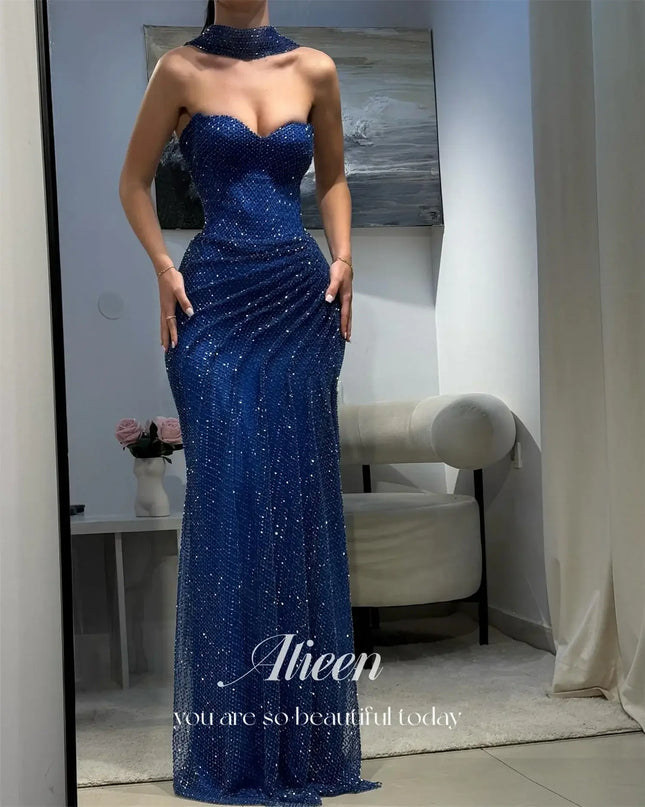 Aileen women's prom dress 2025 dark blue luxury evening dress with elegant off-shoulder design and sparkling details.