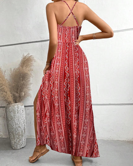 Women's Ethnic Pattern Backless Split Thigh Boho Maxi Dress