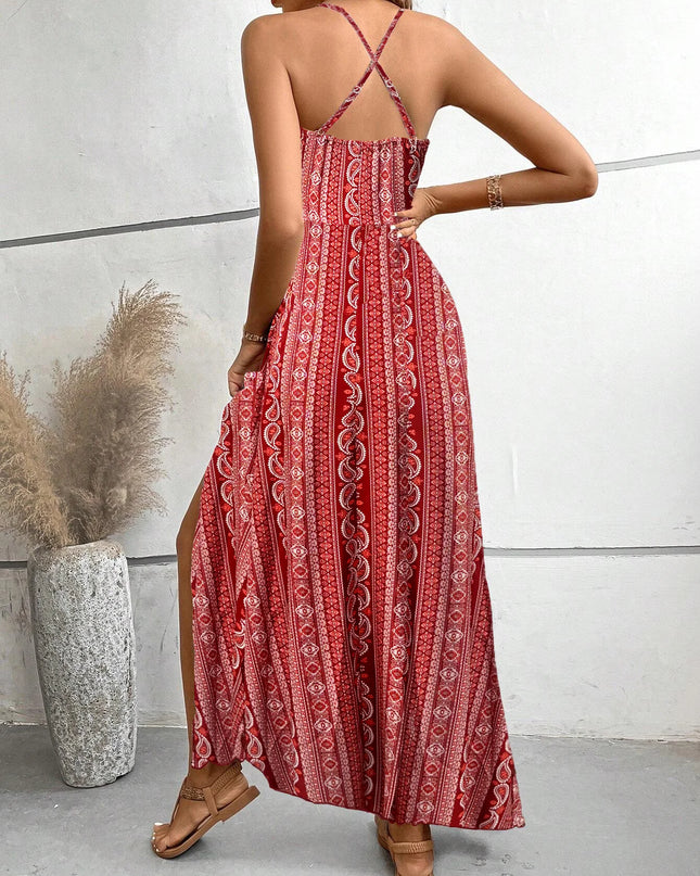 Women's Ethnic Pattern Backless Split Thigh Boho Maxi Dress