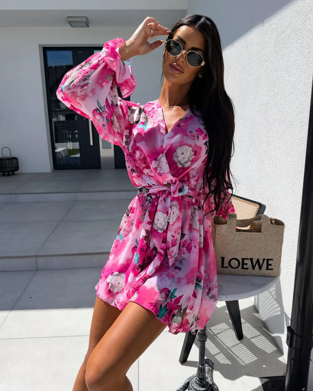 Women’s Loose V-Neck Long Sleeve Printed Jumpsuit