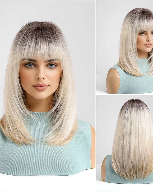 Woman with blonde hair styled in a bob, shown from different angles.