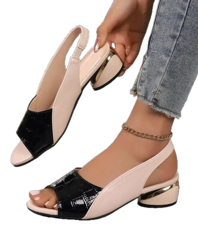 Comfortable color block sandals with a fish mouth design, featuring a low heel and slip-on style, perfect for casual wear.
