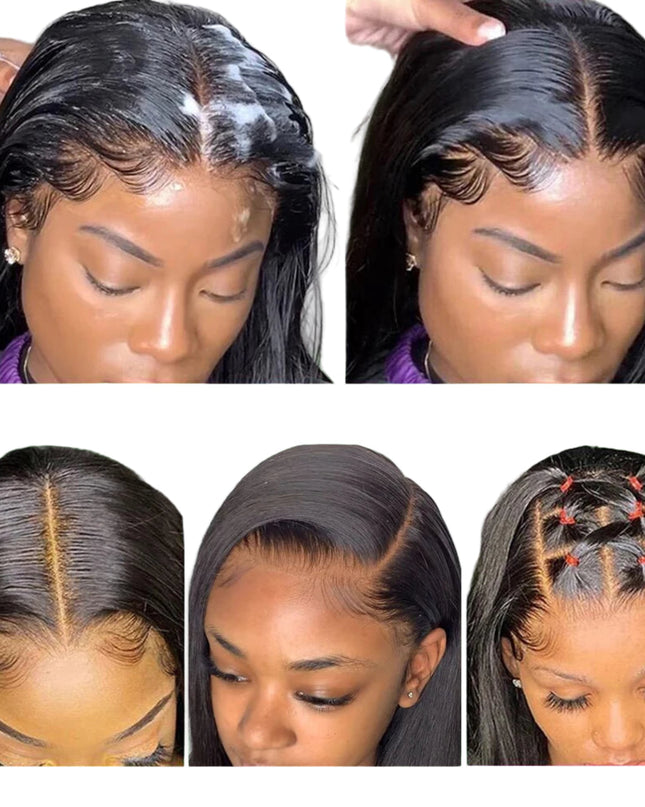 Collage of a woman with different hair parting styles on her head.