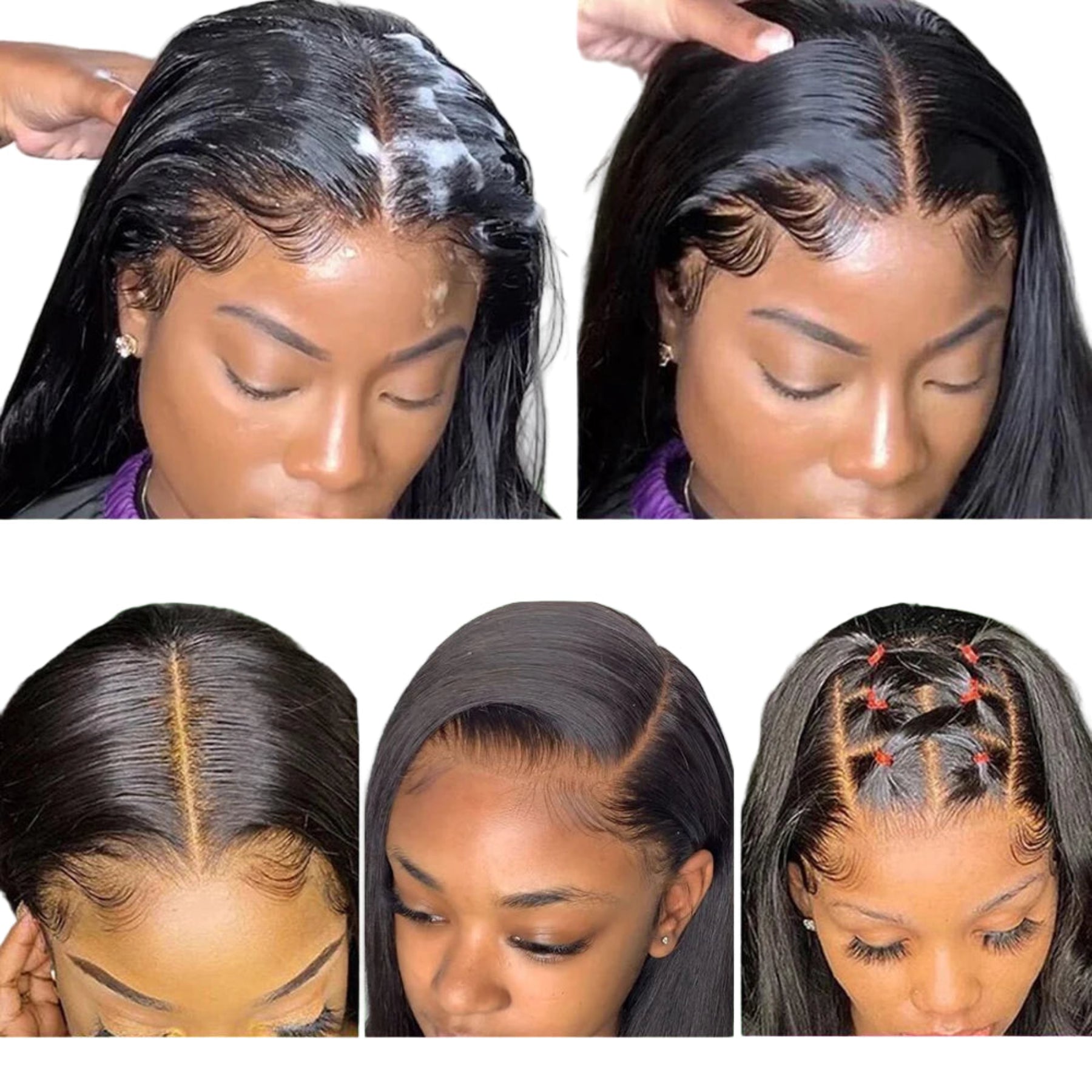 Collage of a woman with different hair parting styles on her head.
