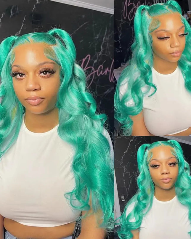 Collage of a person with teal hair styled in pigtails and waves, wearing a white top.