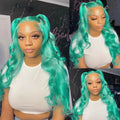 Collage of a person with teal hair styled in pigtails and waves, wearing a white top.