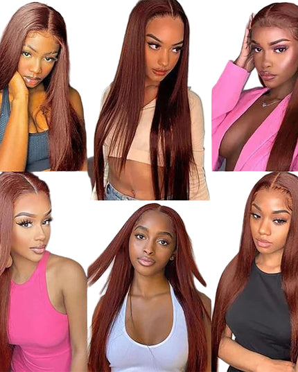 Collage of a woman with long brown hair styled in different ways.