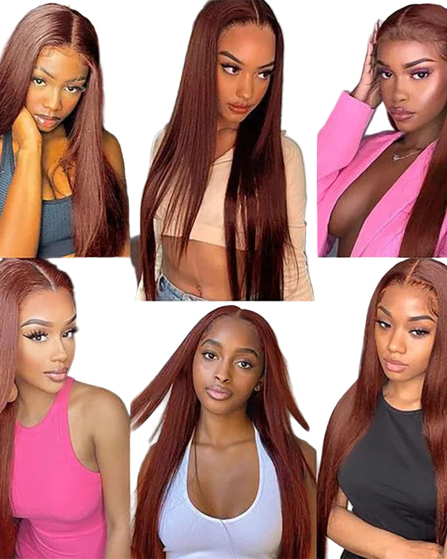 Collage of a woman with long brown hair styled in different ways.