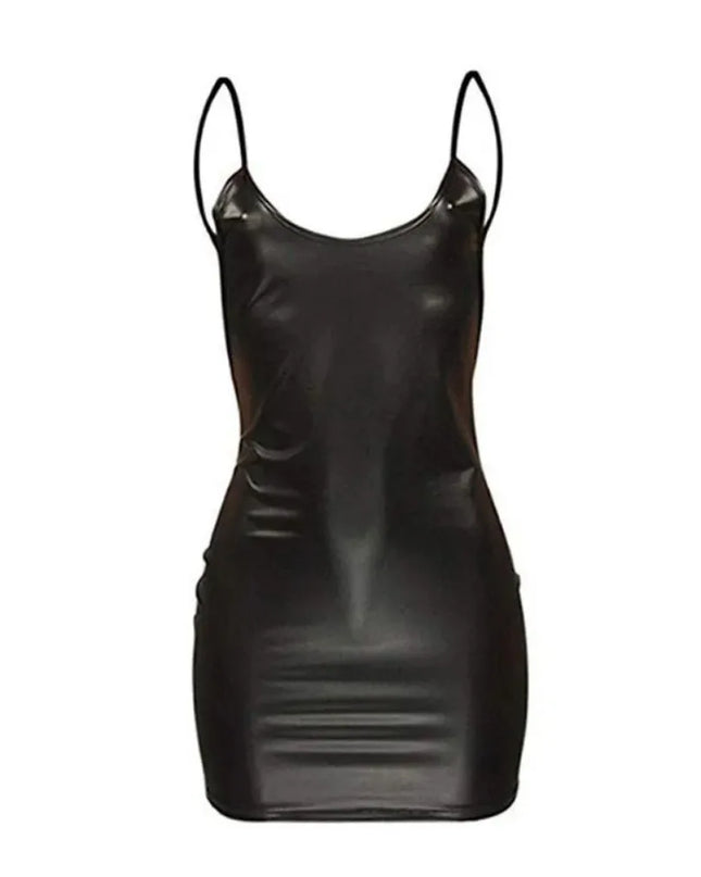 Black leather dress with thin straps on a white background