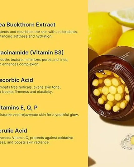 Vitamin C Glow Capsules ingredients list highlighting Sea Buckthorn, Niacinamide, Ascorbic Acid for skin hydration and radiance.