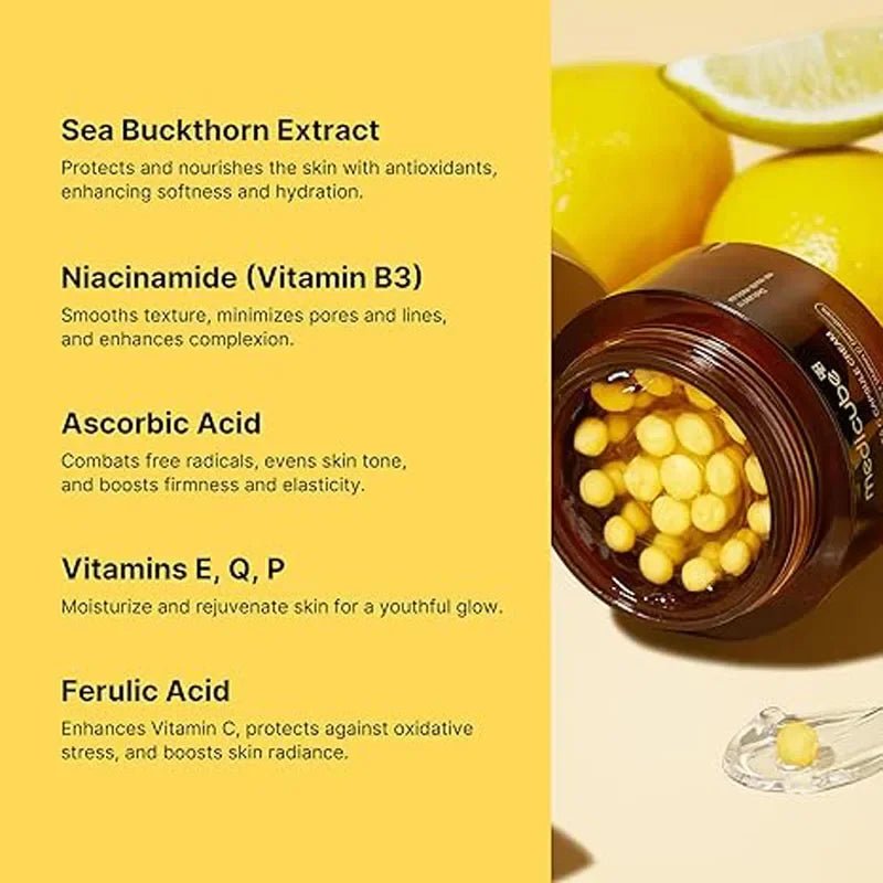 Deep Vitamin C Glow Capsules in jar, featuring yellow capsules, niacinamide, and Sea Buckthorn Extract for hydration and brightening.