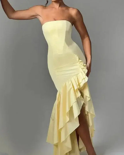 sexy strapless summer dress in yellow with ruffles, perfect for Spring and Summer fashion, showcasing a daring design.