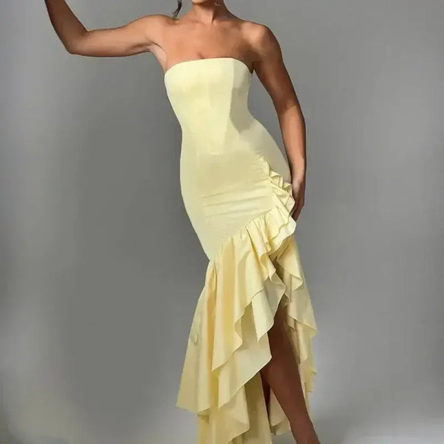 sexy strapless summer dress in yellow with ruffles, perfect for Spring and Summer fashion, showcasing a daring design.