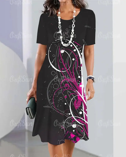 Summer Women's Dresses 3D Floral Print Short Sleeve A-line Dress with Elegant Design and Loose Fit for Comfortable Wear