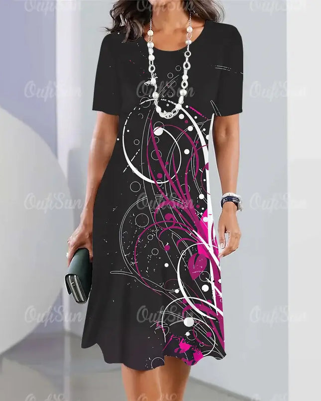 Summer Women's Dresses 3D Floral Print Short Sleeve A-line Dress with Elegant Design and Loose Fit for Comfortable Wear